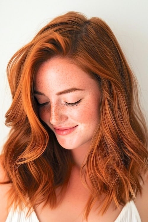 Golden copper shoulder-length wavy hair on beautiful young woman looking down.