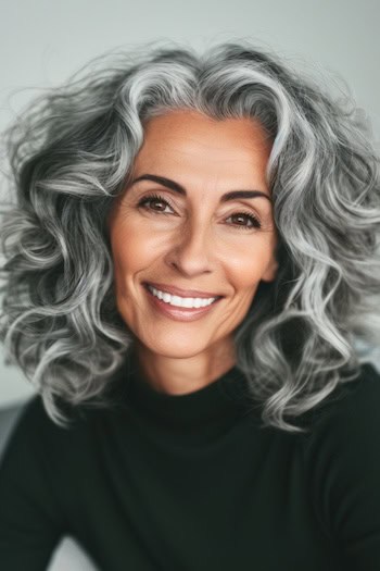 Gray Curly Lob (Long Bob) Hairstyle on smiling woman with gray and silver hair.