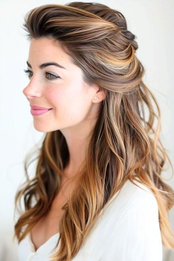 Half-Up Half-Down Long Waves Hairstyle on a smiling woman with brown hair and blonde highlights, side view.