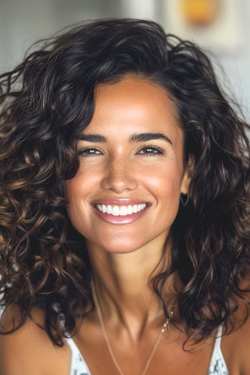 High Volume Shoulder-Length Curls Hairstyle on a smiling woman with brown curly hair.