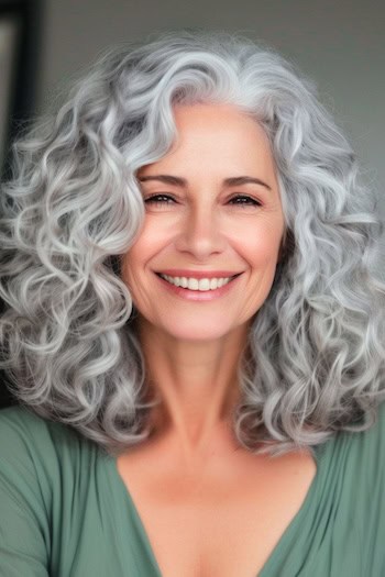 High-Volume Silver Curls Hairstyle on smiling older woman with silver gray hair.