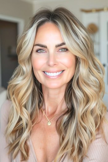 Highlighted Beige Blonde Layers Hairstyle on smiling woman with long hair.