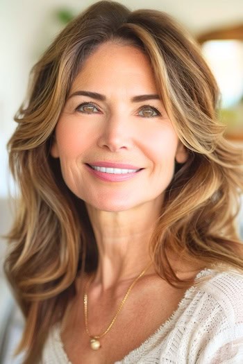 Highlighted Chocolate Brown Layers Hairstyle on smiling woman with brown hair.