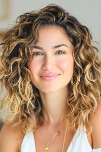 Highlighted Curly Lob Hairstyle on a smiling woman with medium-length brown hair and blonde highlights.