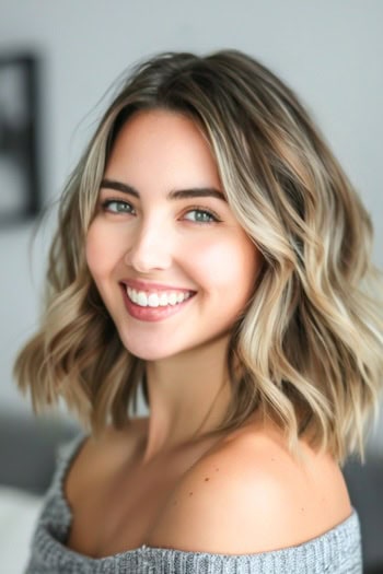 Highlighted Waves Shoulder-Length Haircut.