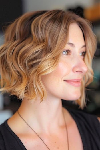 Highlighted Wavy Bob Short Hairstyle.