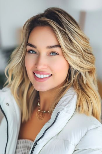 Honey Blond Layers Hairstyle on smiling woman with medium-long hair.