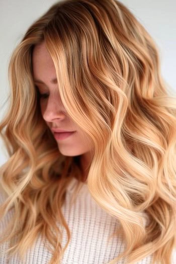 Honey Blonde Balayage on Wavy Hair.