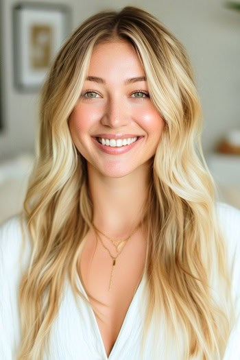 Honey Blonde Beachy Waves Hairstyle on smiling woman with long hair.