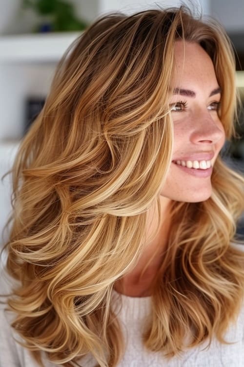 Honey blonde hair color with caramel tones on long wavy hair. Woman smiling.