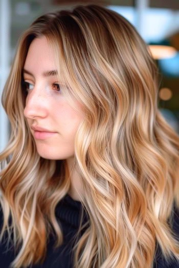 Honey Blonde Highlights with Dark Roots Hair Color Idea.