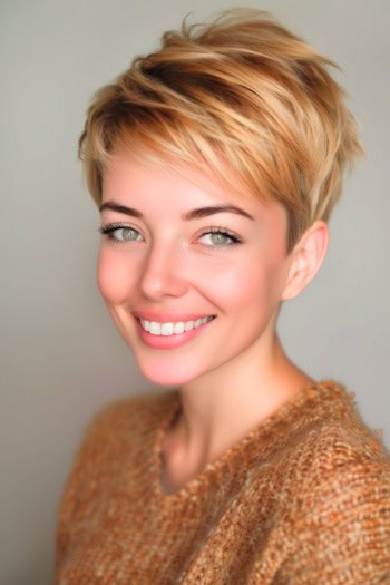 Honey Blonde Pixie with Subtle Highlights Hair Color Idea.