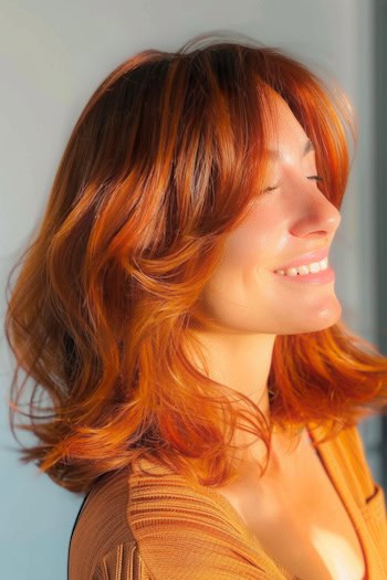 Honey Copper Lob with Curtain Bangs.