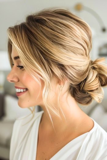 Honey Wheat Blonde Loose Low Bun Hairstyle on smiling woman with long hair, side view.