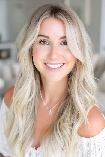 Ice Blonde Waves With Middle Part Hairstyle on smiling woman with long hair.