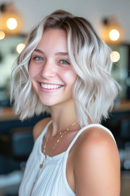 Ice blonde with dark roots on shoulder-length hair of smiling young woman.