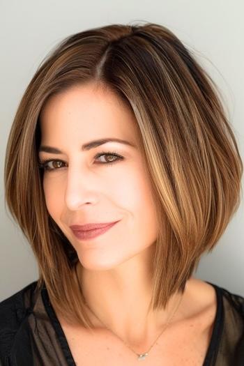 Layered Angled Bob Hairstyle on a smiling older woman with brown hair.