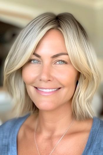 Layered Bob For Thick Hair Hairstyle on a smiling woman with blonde hair.