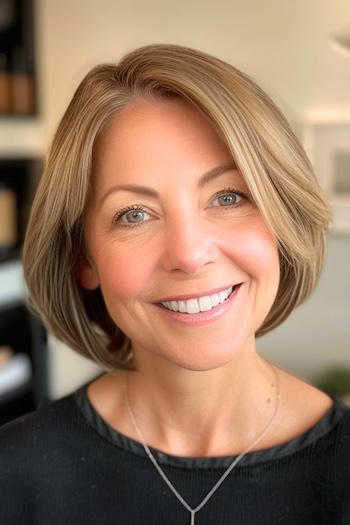 Layered Bob Hairstyle on a smiling woman with brown hair.