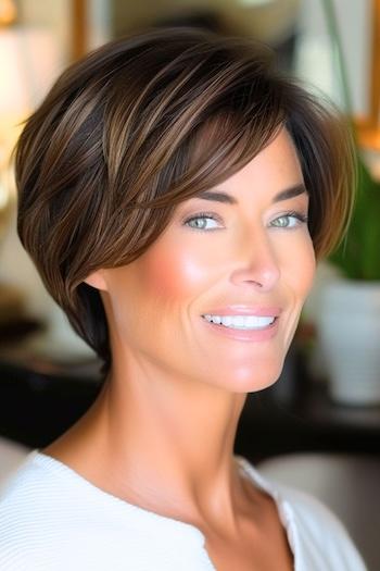 Layered Bob With Piecey Highlights Hairstyle on a smiling woman with brown hair.