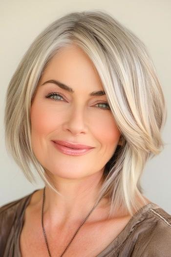 Layered Bob With Side Bangs Hairstyle on a smiling woman with blonde hair.