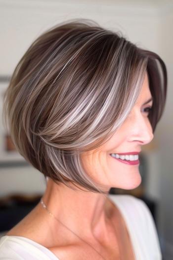 Layered Bob With Silver Highlights Hairstyle on a smiling woman with brown hair and silver highlights.