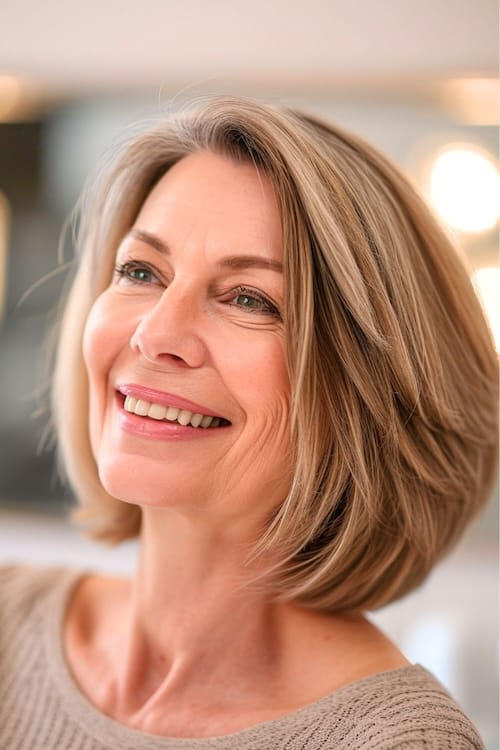 Layered brown bob hairstyle on older woman.