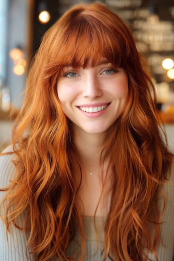 Layered Copper Waves Long Hairstyle With Bangs.