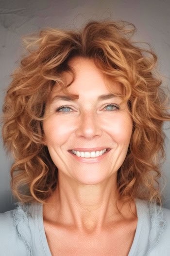 Layered Curls Hairstyle on smiling woman with light copper auburn hair.