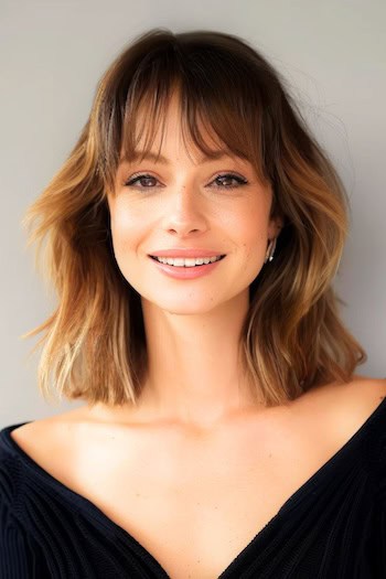 Layered Cut With Wispy Bangs Hairstyle For Thin Hair.