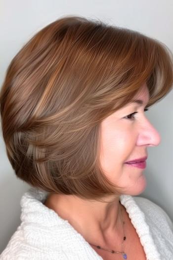 Layered Feathered Bob With Bangs Hairstyle on a smiling older woman with brown hair.