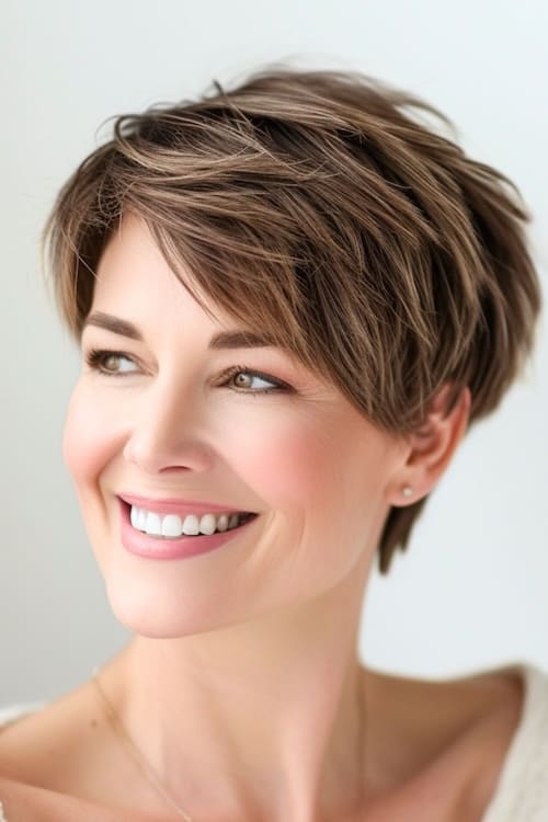 Layered pixie bob on smiling older woman in her 40s.