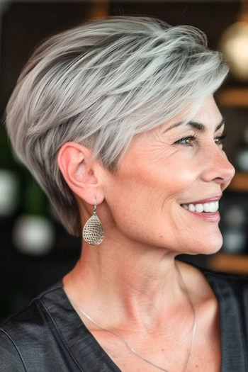 Layered Pixie with Side-Swept Bangs Hairstyle on smiling older woman with silver hair.