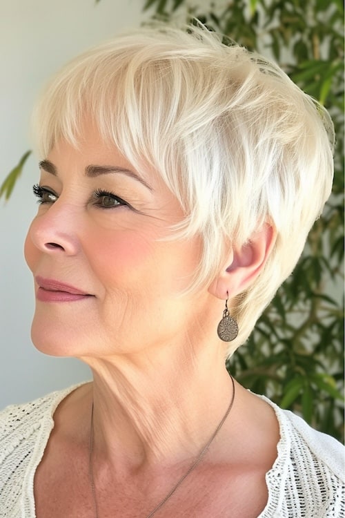 Layered short haircut for fine hair on older woman.