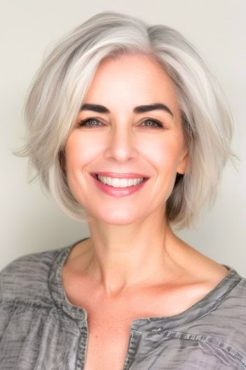 Layered Silver Bob Hairstyle For Women Over 40.