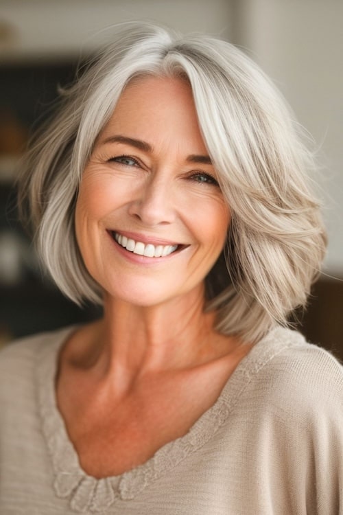 Layered silver bob on smiling older woman.