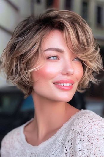 Layered Waves with Swooping Bangs Short Hairstyle.