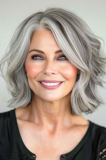 Layered Wavy Bob Hairstyle on a smiling woman with silver hair.