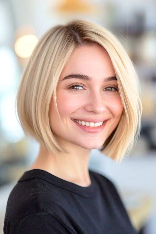 Light beige blonf hair color on short straight bob.