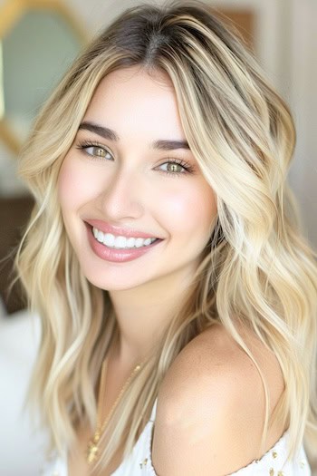 Light Blonde Face-Framing Layers Hairstyle on smiling woman with long hair.