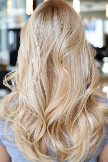 Light Blonde Long Layers Hairstyle on woman with long hair, back view.