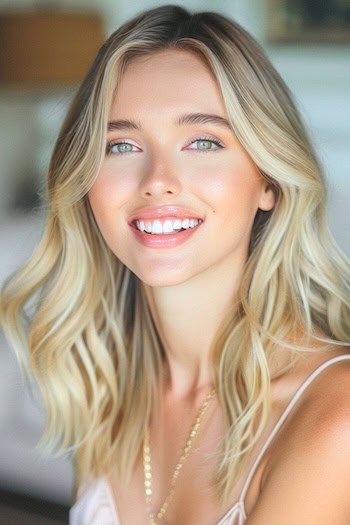 Light Blonde Waves Hairstyle on smiling woman with long hair.