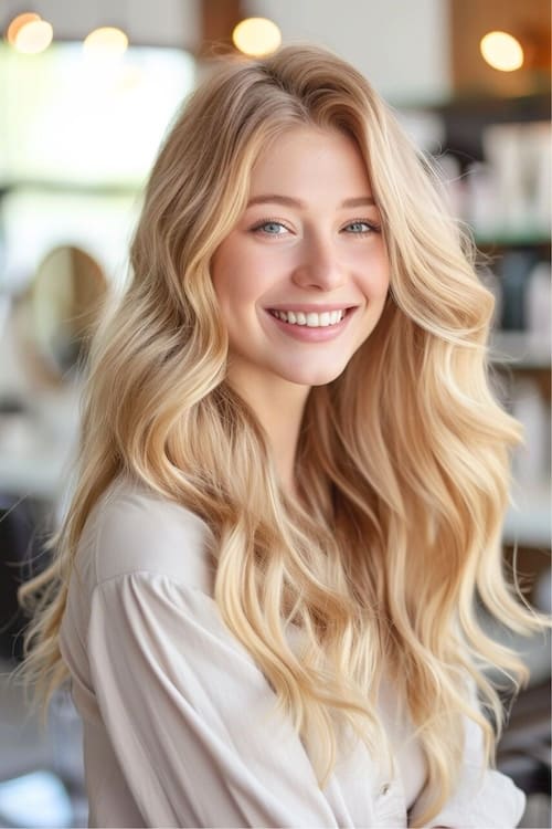 Light golden blonde long wavy hair.