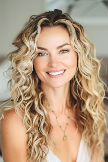 Linen Blonde Spiral Curls Hairstyle on smiling woman with long hair.