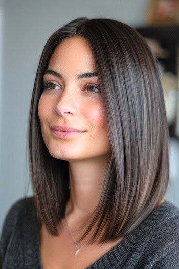 Lob With Center Part Hairstyle on smiling woman with straight dark brown hair.