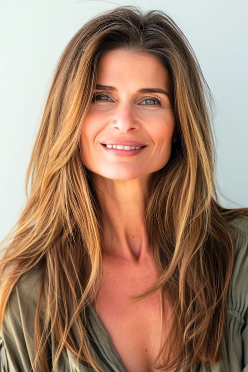 Lon sunkissed balayage hair on woman over 50.