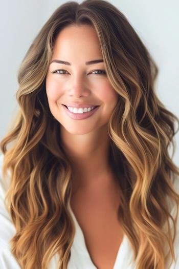 Long Balayage Waves Hairstyle on a smiling woman with brown hair and blonde balayage highlights.