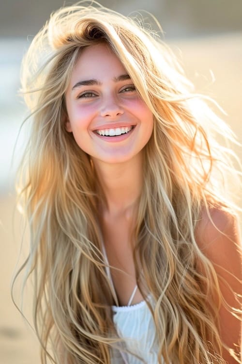 Long blond beachy waves on smiling woman.