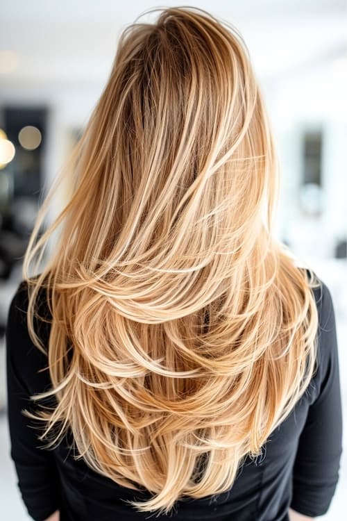 Long blond hair with voluminous layers. From behind.