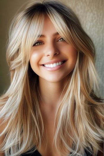 Long Blonde Layers with Curtain Bangs Hairstyle.